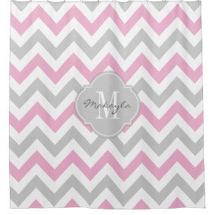 Cottoncandy Rosa und graues Zickzack mit Monogramm Duschvorhang