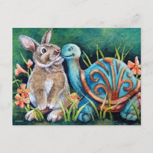 Cottontail Kaninchen & Schildkrötenstatue Kunst, D Postkarte (Vorderseite)