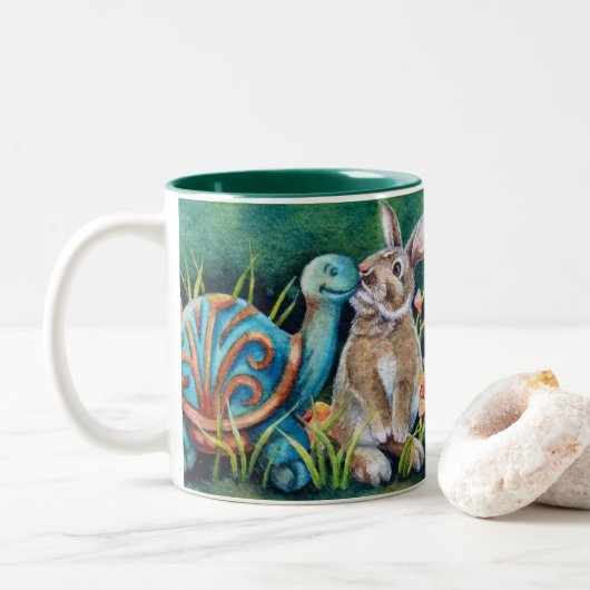 Cottontail Rabbit & Turtle Statue Wasserfarbe Kuns Zweifarbige Tasse (Mit Donut)
