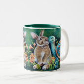 Cottontail Rabbit & Turtle Statue Wasserfarbe Kuns Zweifarbige Tasse (VorderseiteRechts)