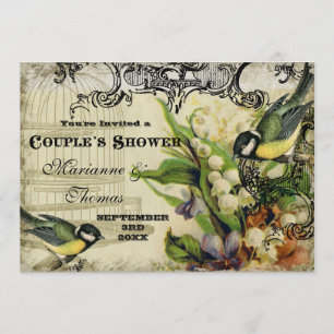 Couchdusche, gelber Vogelkäfig, Blumenwirbel Einladung