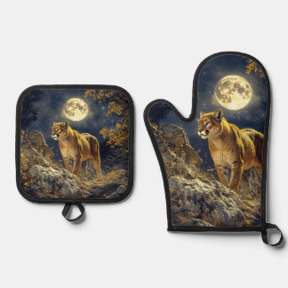 Cougar im Mondlicht Wildlife Art Ofenhandschuh & Topflappen-Set