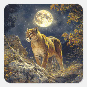 Cougar im Mondlicht Wildlife Art Quadratischer Aufkleber
