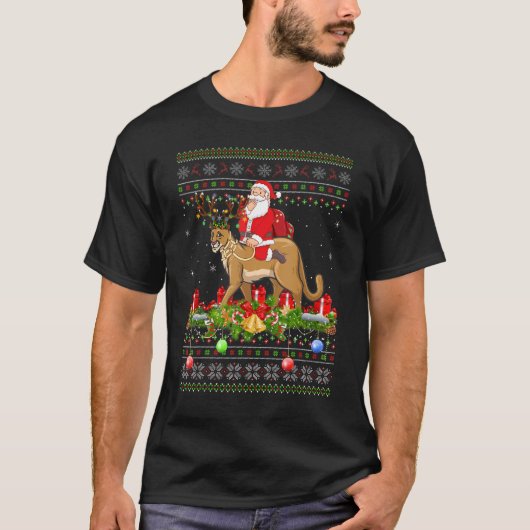 Cougar   Ugly Santa Riding Cougar Christmas T-Shirt (Vorderseite)