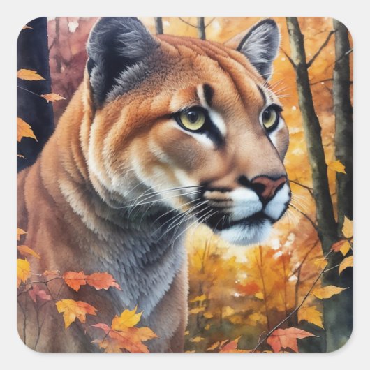 Cougar Watercolor Autumn Cat Art Quadratischer Aufkleber (Vorderseite)