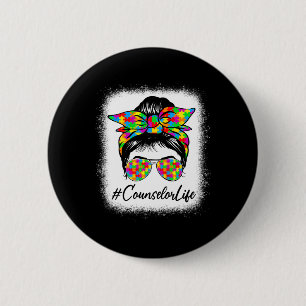 Counselor Messy Bun Women Supporting Autism Awaren Button