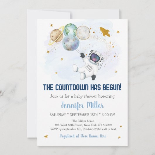 Countdown hat Astronaut Space Baby Dusche gestarte Einladung (Vorderseite)