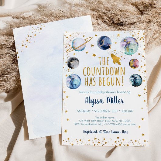 Countdown hat Blue Gold Space Baby Dusche gestarte Einladung