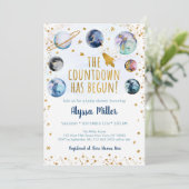 Countdown hat Blue Gold Space Baby Dusche gestarte Einladung (Stehend Vorderseite)