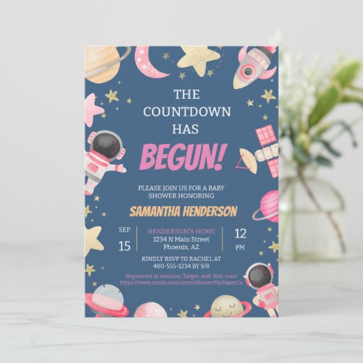 Countdown Space Girl Baby Dusche Einladung (Stehend Vorderseite)