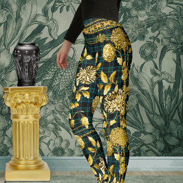 Countess Black Aquamarin Green Kariert Gold Floral Leggings