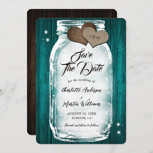 Country Aquamarin Wood Hearts Lights Mason Jar Wed Save The Date (Vorne/Hinten)