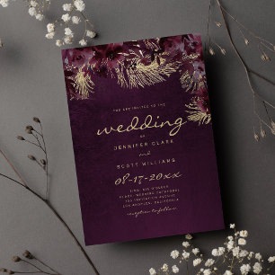 Country Aquarell Bordeaux Goldblume Hochzeit Einladung