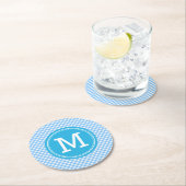 Country Baby Blue Gingham Personalize Monogram Runder Pappuntersetzer (Vor Ort)