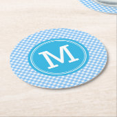 Country Baby Blue Gingham Personalize Monogram Runder Pappuntersetzer (Angewinkelt)