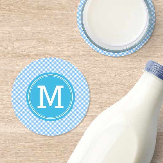 Country Baby Blue Gingham Personalize Monogram Runder Pappuntersetzer