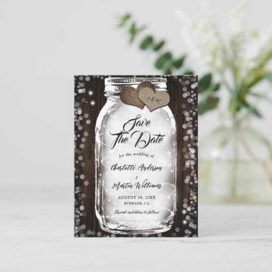 Country Barn Holz String Lights Mason Jar Wedding Ankündigungspostkarte (Stehend Vorderseite)