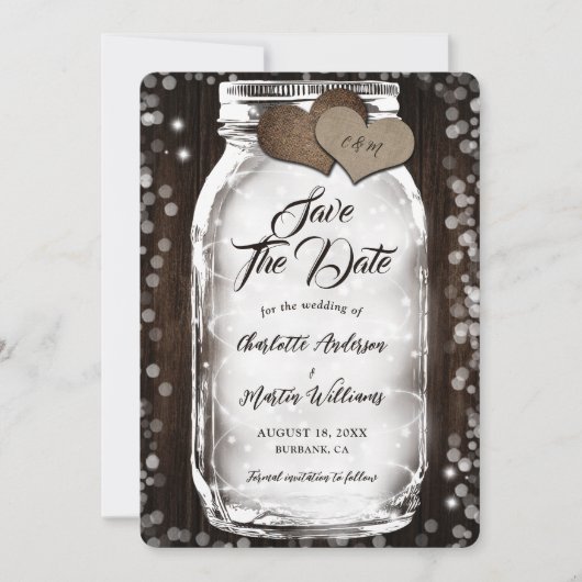 Country Barn Holz String Lights Mason Jar Wedding Save The Date (Vorderseite)