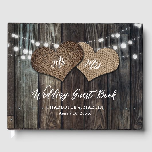 Country Barn Holz String Lights Mr & Mrs. Wedding Gästebuch (Vorderseite)
