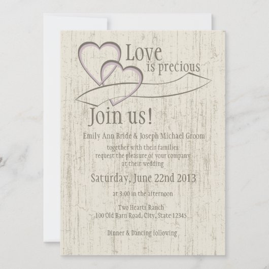 Country Barn Wood Wedding Hearts Einladung (Vorderseite)