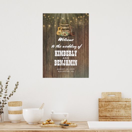 Country Barrel Cowboy Boots Wedding Willkommenszei Poster (Küche)