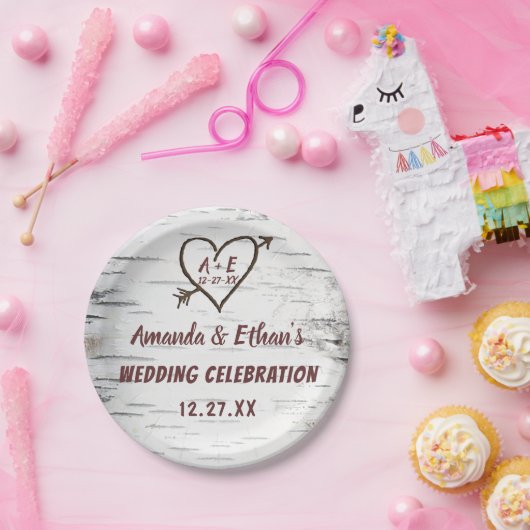 Country Birch Tree Bark Heart Arrow Rustikale Hoch Pappteller (Party)