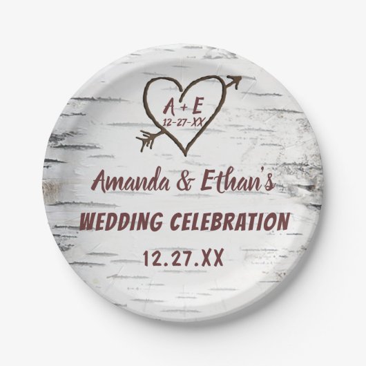 Country Birch Tree Bark Heart Arrow Rustikale Hoch Pappteller (Vorderseite)