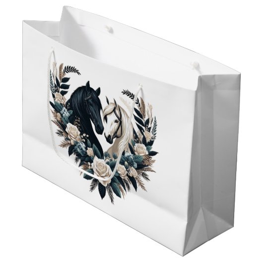 Country Black and White Horses in Liebe Große Geschenktüte (Vorderseite Schrägansicht)