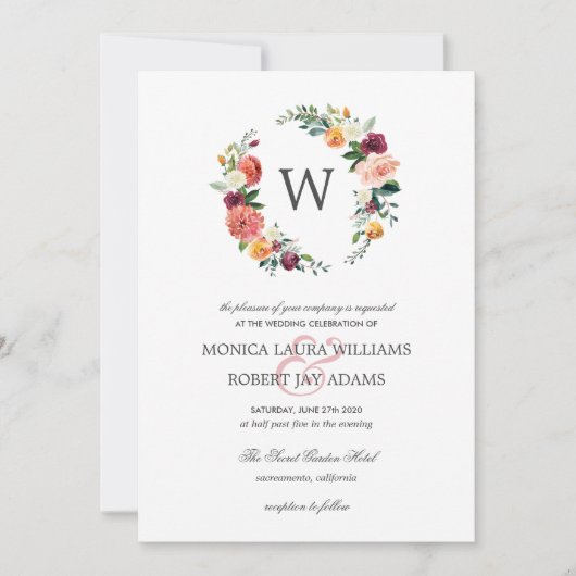 Country Bloom Autum Floral Wreath Monogramm Hochze Einladung (Vorderseite)