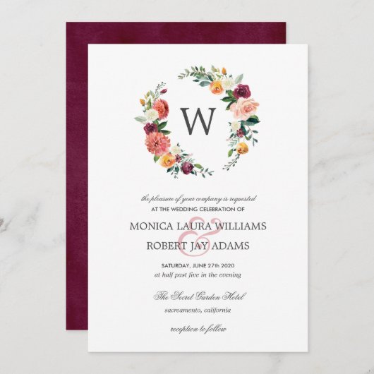 Country Bloom Autum Floral Wreath Monogramm Hochze Einladung (Vorne/Hinten)