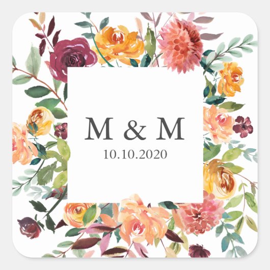Country Bloom Rahmen floral Chic Hochzeitsmonogram Quadratischer Aufkleber (Vorderseite)