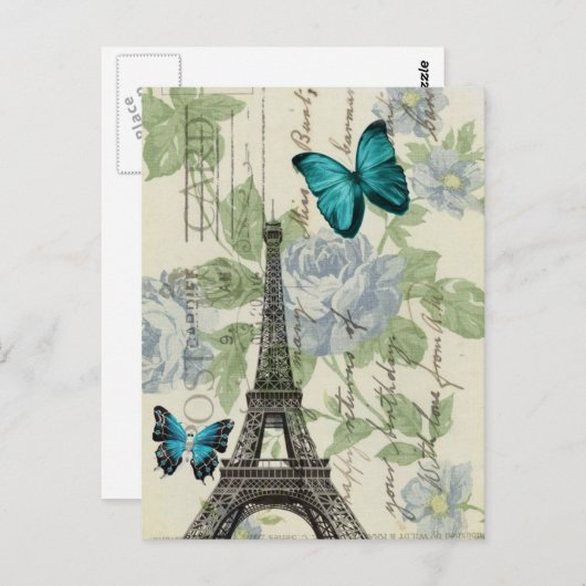 Country Blue Blues-Schmetterling-Paris-Eiffelturm Postkarte (Vorne/Hinten)