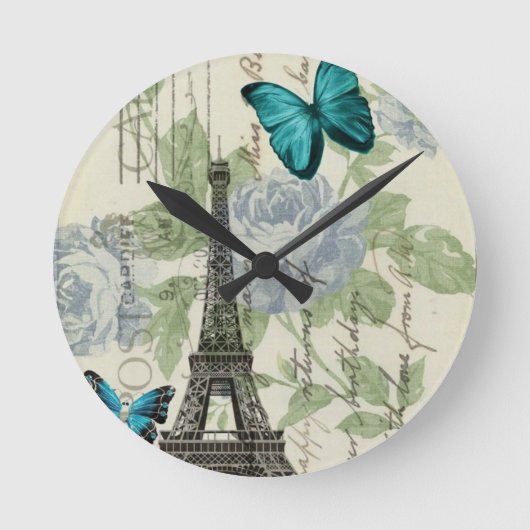 Country Blue Blues-Schmetterling-Paris-Eiffelturm Runde Wanduhr (Vorderseite)
