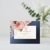Country Blue Blush Pink Roses Navy Gold DANK Postkarte (Stehend Vorderseite)