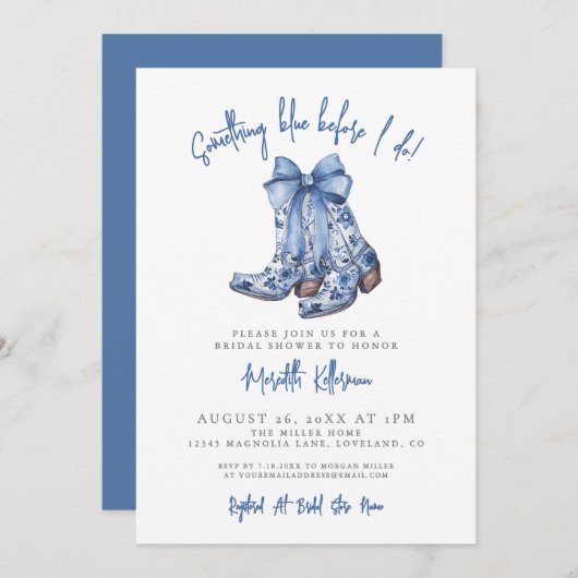 Country Blue Bow Cowboy Bridal Shower Einladung (Vorne/Hinten)