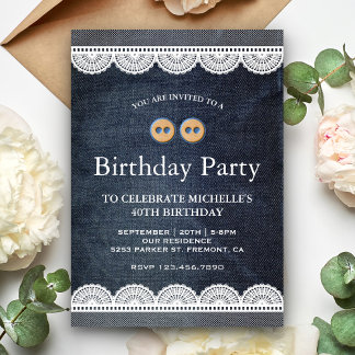 Country Blue Denim White Lace Birthday Party Einladung