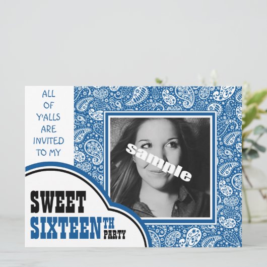 Country Blue Paisley Girl Foto Sweet 16. Party Einladung (Stehend Vorderseite)