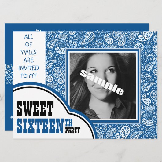 Country Blue Paisley Girl Foto Sweet 16. Party Einladung (Vorne/Hinten)
