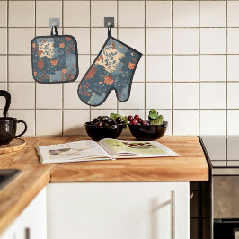 Country Blue Rust Rustikales Bauernhaus Ofenhandschuh & Topflappen-Set