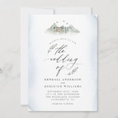 Country Blue Watercolor Blätter & Hochzeiten Einladung (Vorderseite)