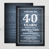 Country Blue Wood 40. Geburtstag Party Einladung (Vorne/Hinten)
