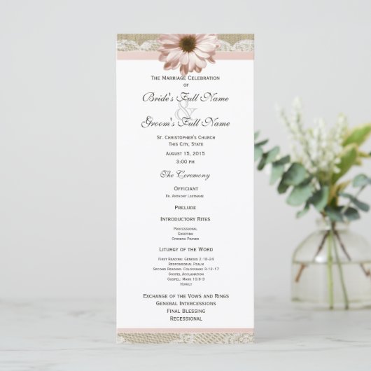 Country Blush Daisy and Lace Wedding Program Programm (Stehend Vorderseite)