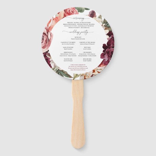 Country Boho Rose Round Gold Wedding Program Fan Fächer (Rückseite)