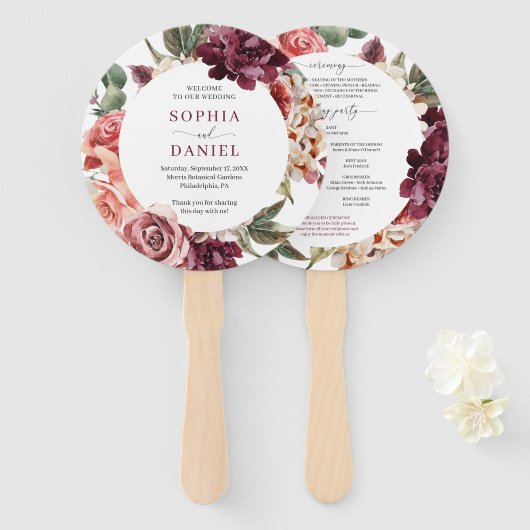 Country Boho Rose Round Gold Wedding Program Fan Fächer (Vorne und Hinten)