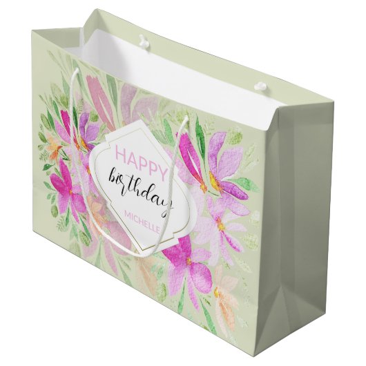 Country Boho Watercolor Lilac Floral Elegante Große Geschenktüte (Vorderseite Schrägansicht)