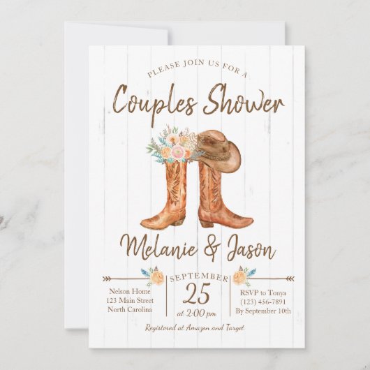 Country Boots Couples Co-Ed-Brautparty Einladung (Vorderseite)