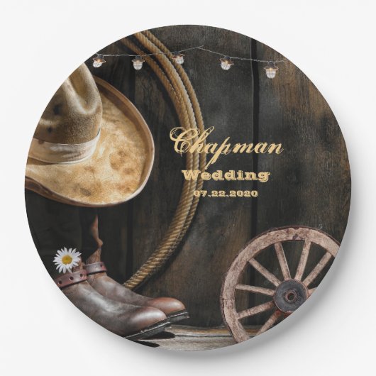 Country Boots Hat, Barn Wood Wedding Pappteller (Vorderseite)