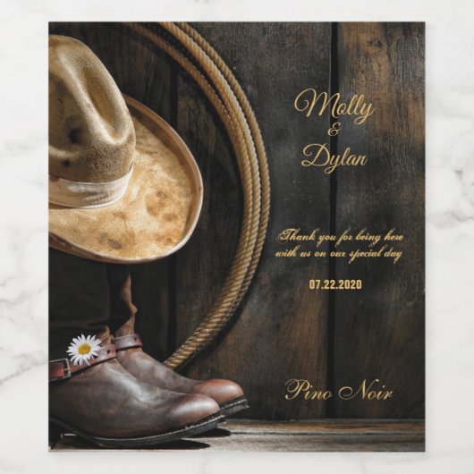 Country Boots Hat Barn Wood Wedding Weinetikett (Einzelnes Label)
