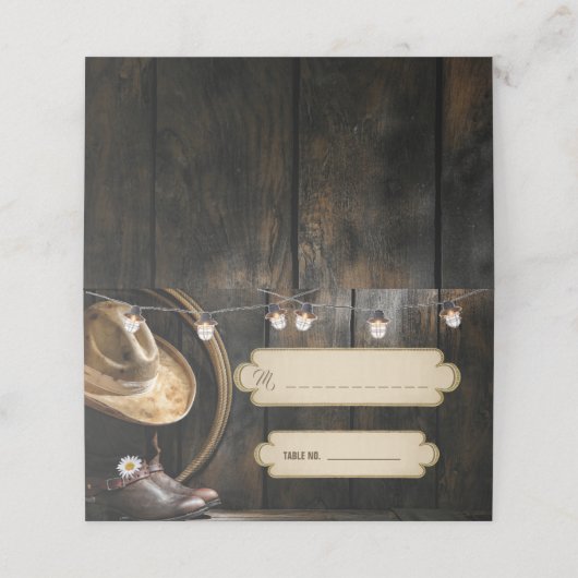 Country Boots Hat & Stallholz geklappte Platzkarte (Außenseite Aufgefaltet)