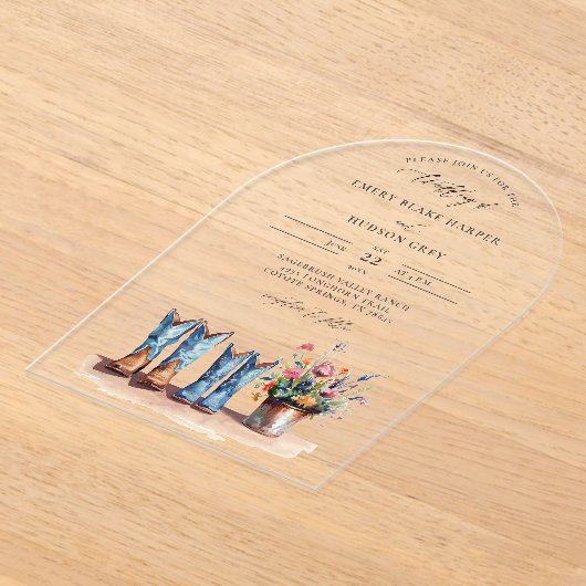 Country Boots Wildblumen Klare Hochzeit Acryleinladungen (Ablage )